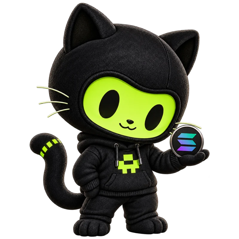 Omni, a compact black-hooded cat with a lime-green face, holding a Solana coin in his paw.